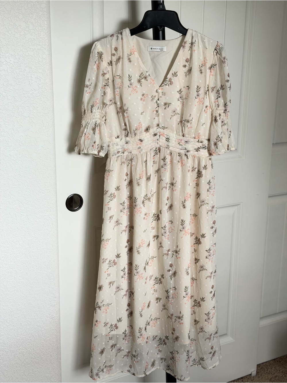Cream Floral V-Neck Midi Dress